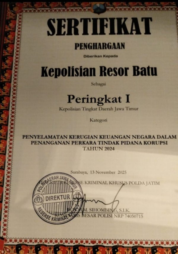 Polres Batu Raih Peringkat 1 Penyelamatan Kerugian Keuangan Negara, Penanganan Kasus Korupsi 2024