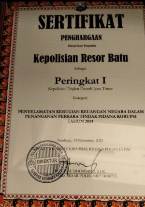 Polres Batu Raih Peringkat 1 Penyelamatan Kerugian Keuangan Negara, Penanganan Kasus Korupsi 2024